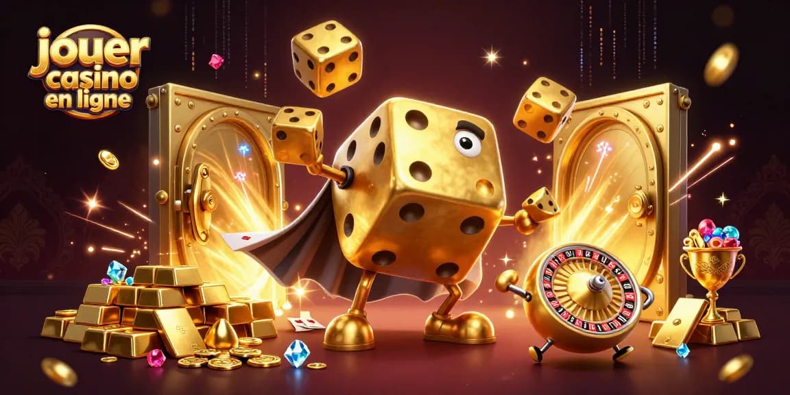 Jouer au casino en ligne avec un golem de dés doré et des éléments de jeu scintillants.