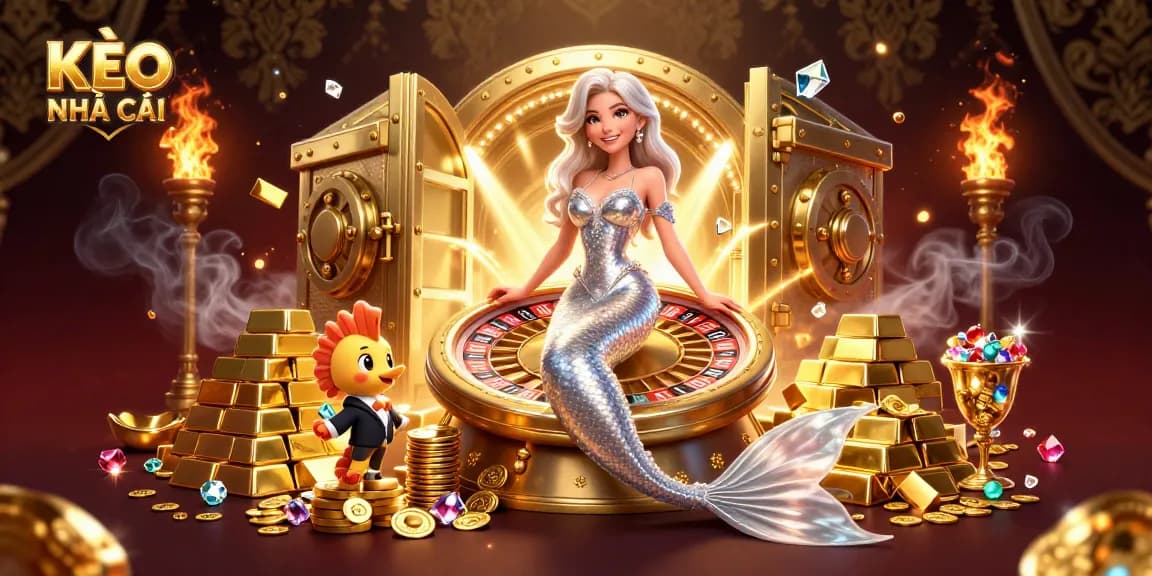 Engage in thrilling KÈO NHÀ CÁI with a vibrant casino scene showcasing glamorous characters and dazzling treasures.