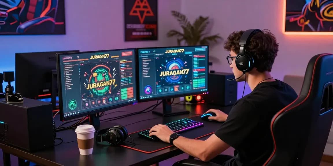 Pengaturan permainan online dengan JURAGAN77 di meja gaming modern, suasana energik dan penuh motivasi.