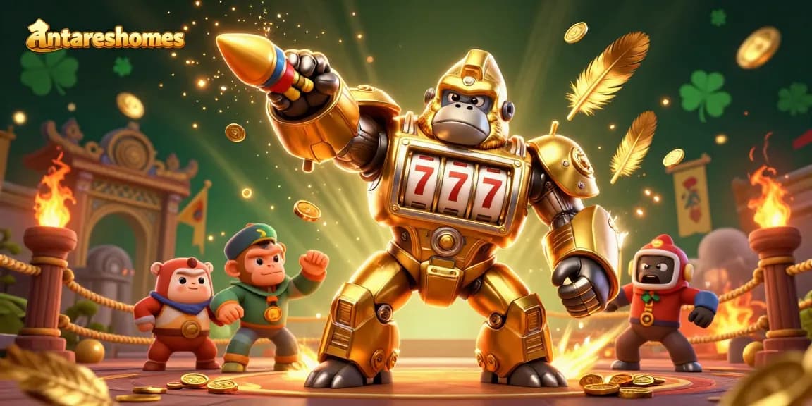 Engage with antareshomes in a vibrant 3D illustration showcasing a golden gorilla mech among dynamic slot elements.