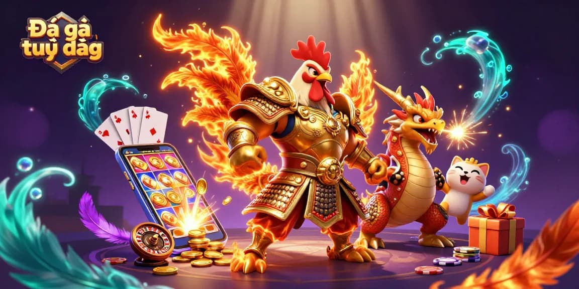Experience Đá gà trực tiếp as the fierce rooster warrior battles alongside a dragon hatchling amidst a vibrant arena.