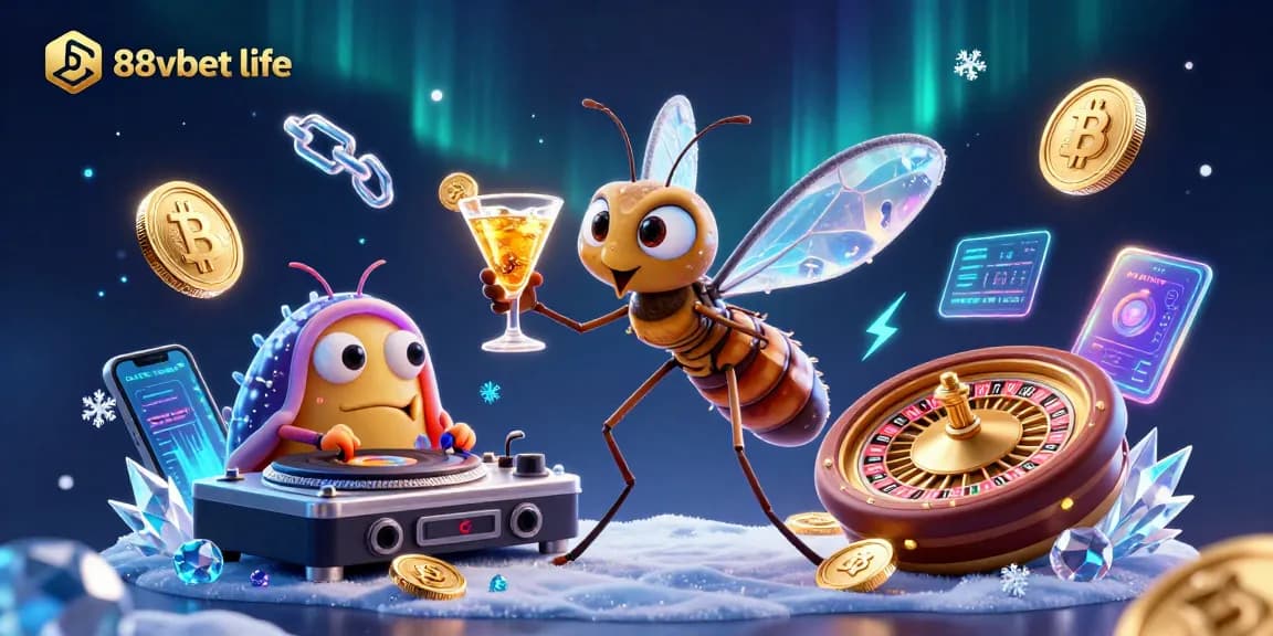 Engage with the vibrant casino scene featuring a unique 88vbet life mascot, showcasing crypto elements and gaming excitement.