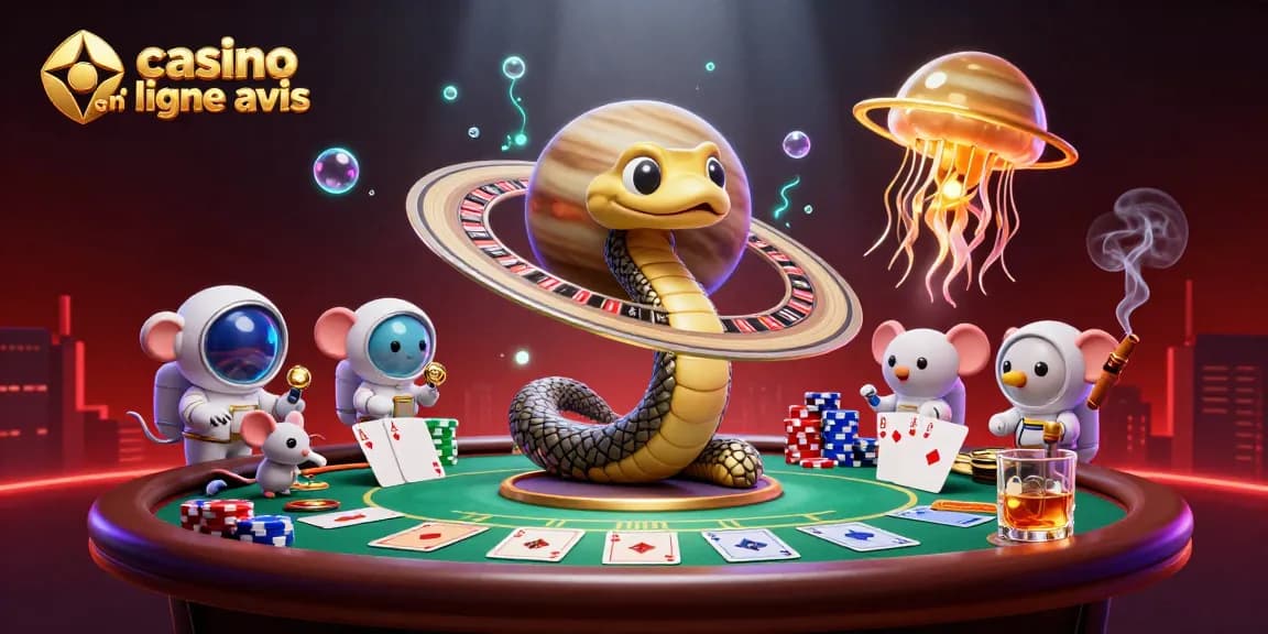Évaluez les casinos en ligne avis avec un serpent Saturne jouant à la roulette dans l'espace.