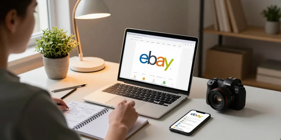 Buy eBay account in a modern home office, person shopping online with laptop.