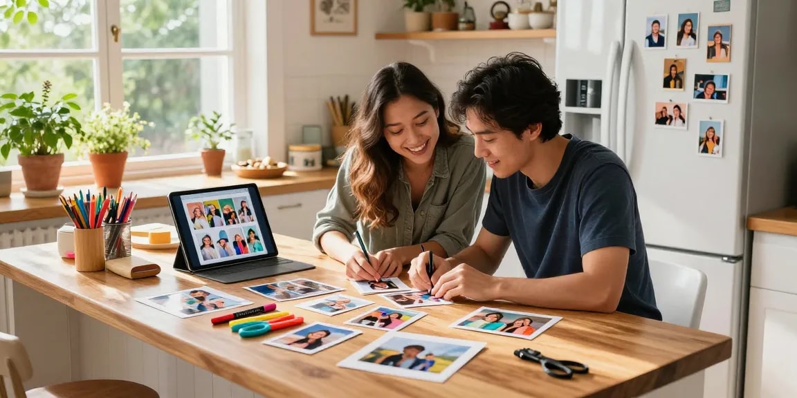 Creating custom magnets in a sunny kitchen with vibrant photos and art supplies.