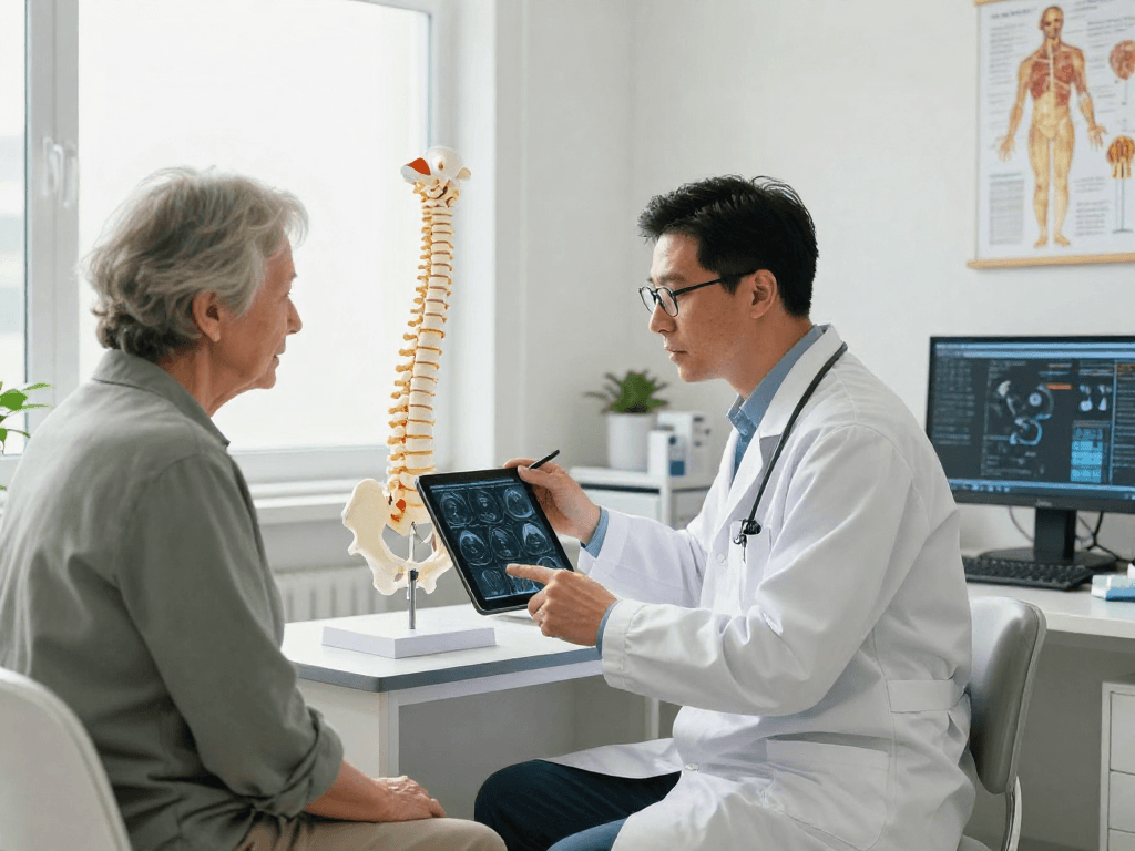 Consultation about dar kanal ameliyatı in a professional healthcare setting, with a surgeon guiding a patient through spinal health.