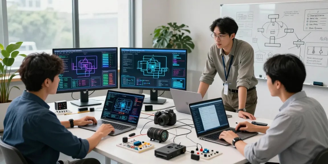 How to design an IoT system with engineers collaborating on prototypes and digital tools in a modern workspace.