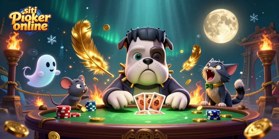 I migliori siti poker online 2026, con un bulldog Frankenstein che distribuisce carte al tavolo di gioco.