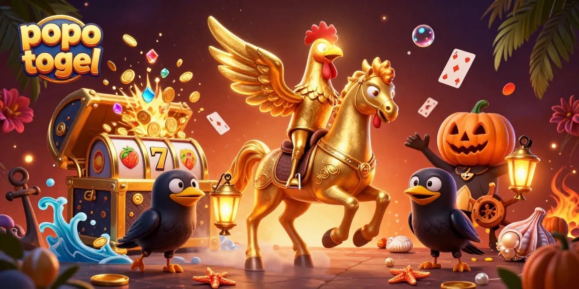 Engage in exciting popo togel gameplay with animated golden rooster and slot elements in a vibrant casino