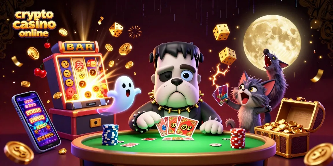 Giocando al crypto casino online, un bulldog mostro distribuisce carte con un topo fantasma tra le chips.