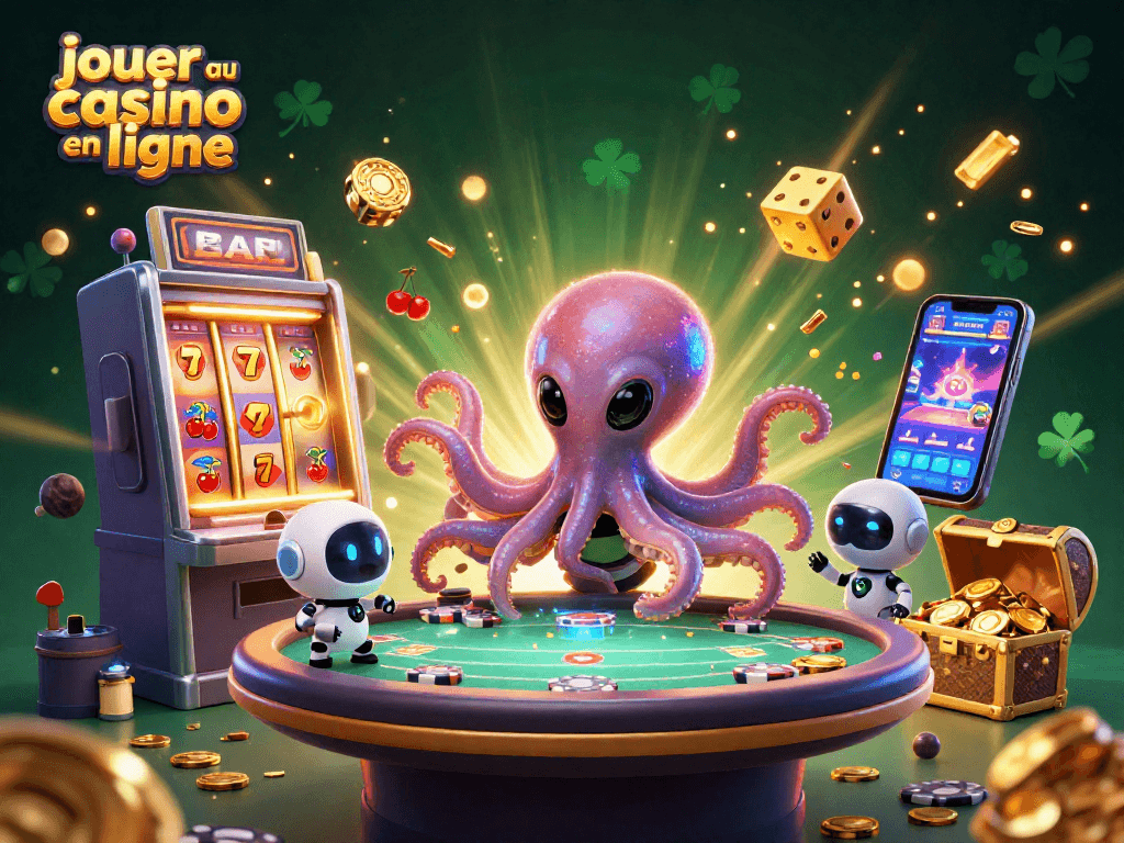 Jouer au casino en ligne avec une illustration dynamique d'une pieuvre extraterrestre et un robot, enveloppés de jackpots et de jeux colorés.