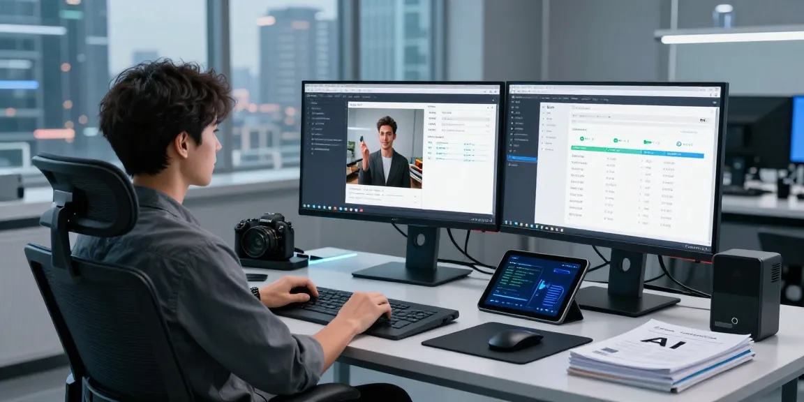 Using a free AI detector in a modern digital lab with multiple screens displaying image analysis results.