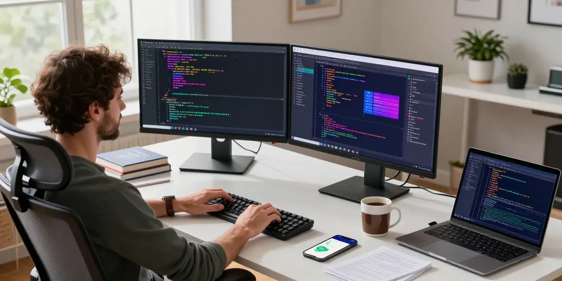 Productive tech workspace with a developer coding featuring the keyword 纸飞机中文版 on screens and various programming materials.