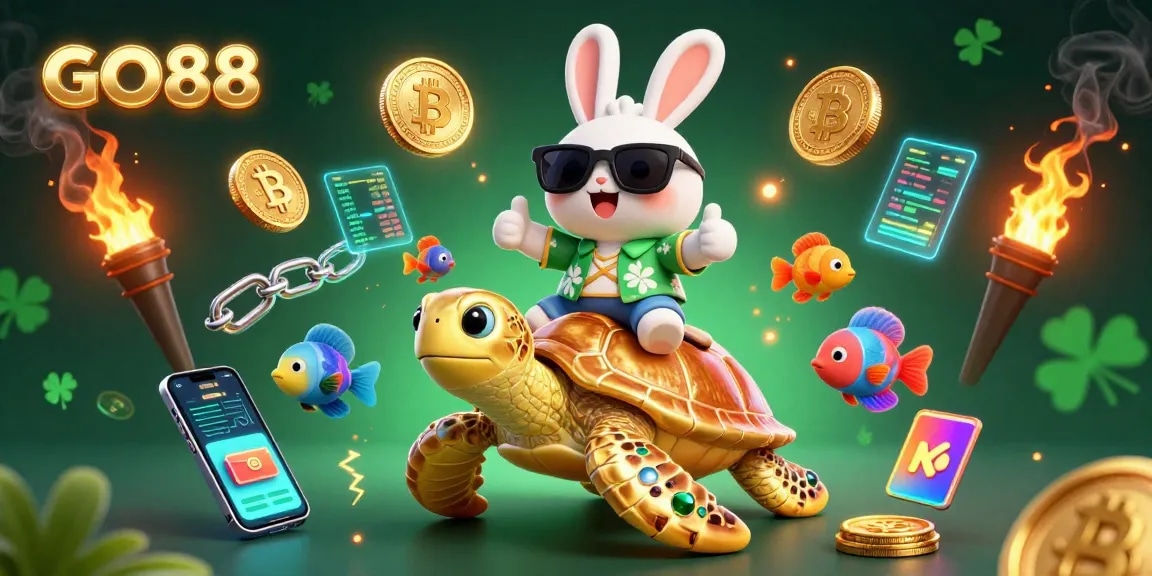 Engage with GO88 in an exciting casino adventure, showcasing a lucky rabbit and a golden turtle surrounded by vibrant game elements.