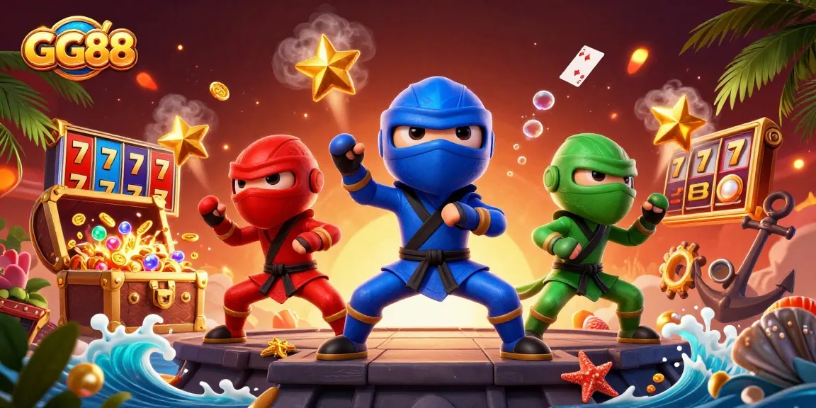 Experience thrilling GG88 gaming action with colorful chameleon ninjas and vibrant slot elements.