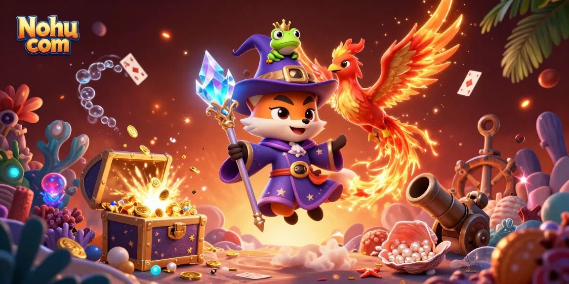 Nohu com offers thrilling visuals of adventurous gambling with mystical elements and vibrant casino motifs.