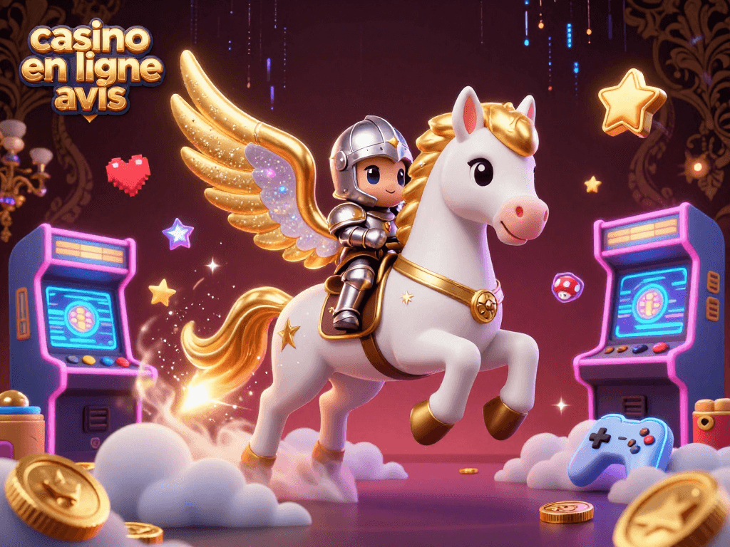 Examinez le casino en ligne avis avec une illustration captivante d'un cheval céleste et des éléments de jeu en 3D.