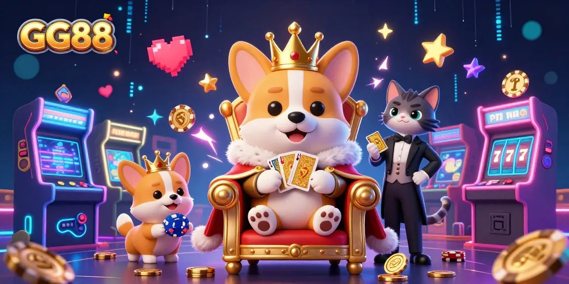 Experience thrilling games at GG88 with a royal corgi on a poker chip throne, showcasing vibrant casino elements.