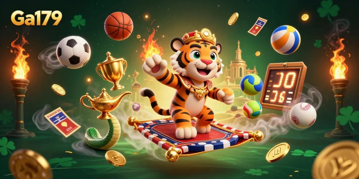 Watch Ga179 elevate your betting experience with exciting elements like sports balls and trophy cups.