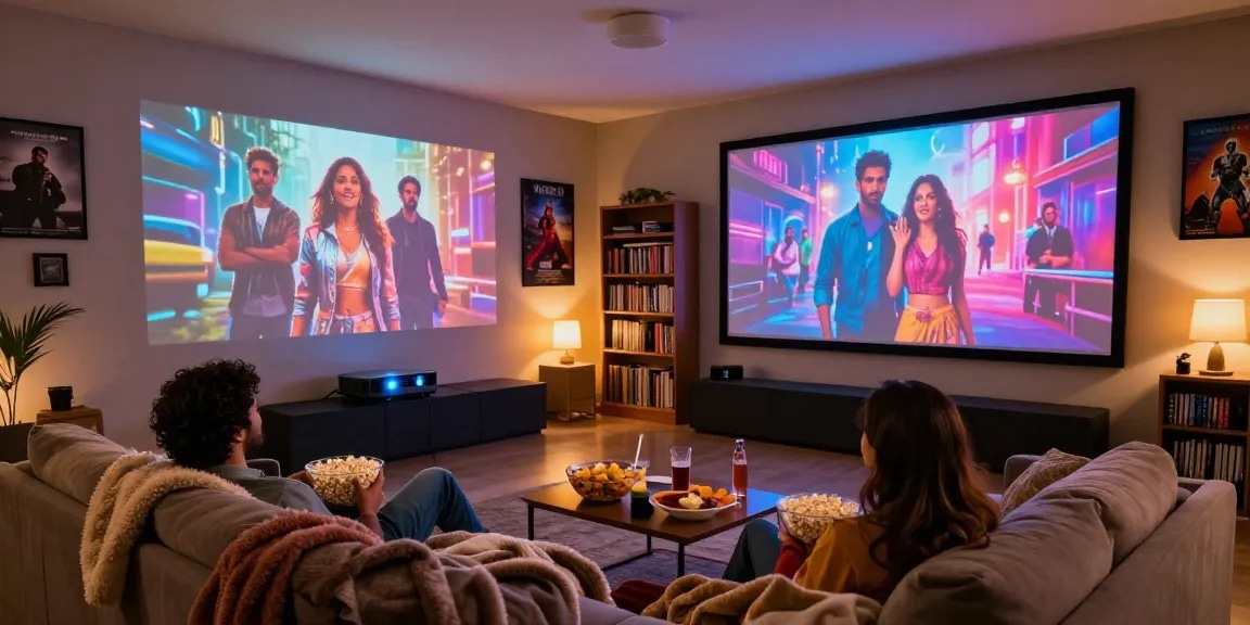 Enjoy a cozy movie night at home with films from https://www.bolly4uorg.in featuring a couple on a couch with ambient lighting.