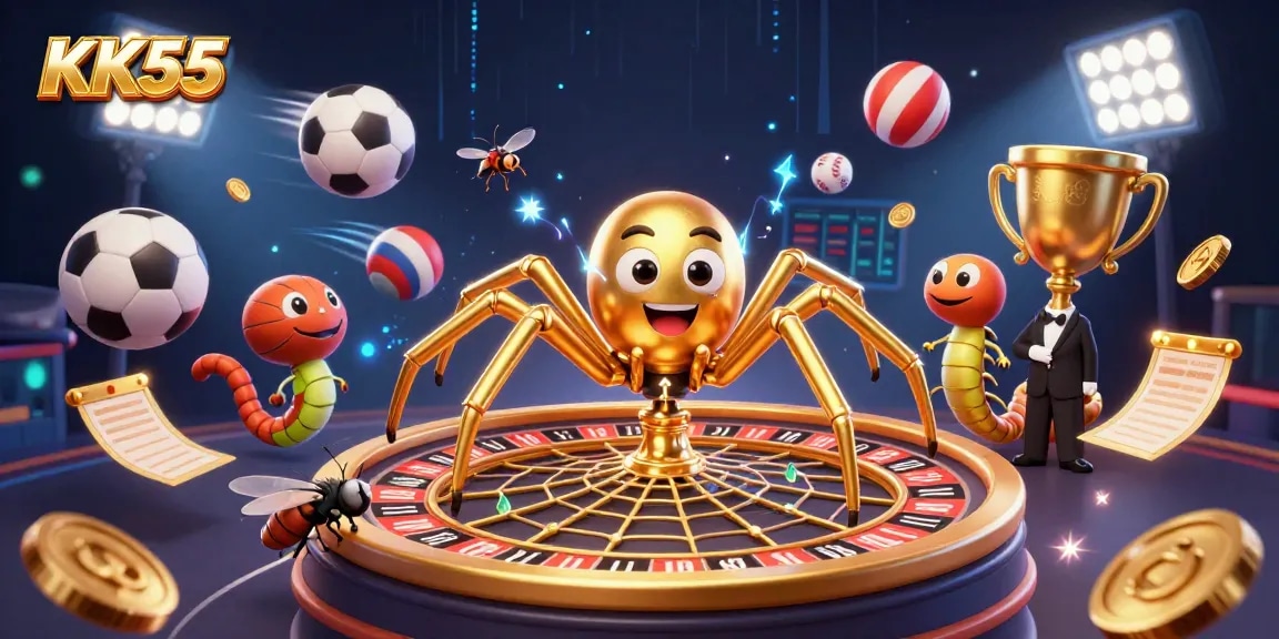 Engage the immersive KK55 casino experience with a vibrant 3D illustration showcasing dynamic betting activities.