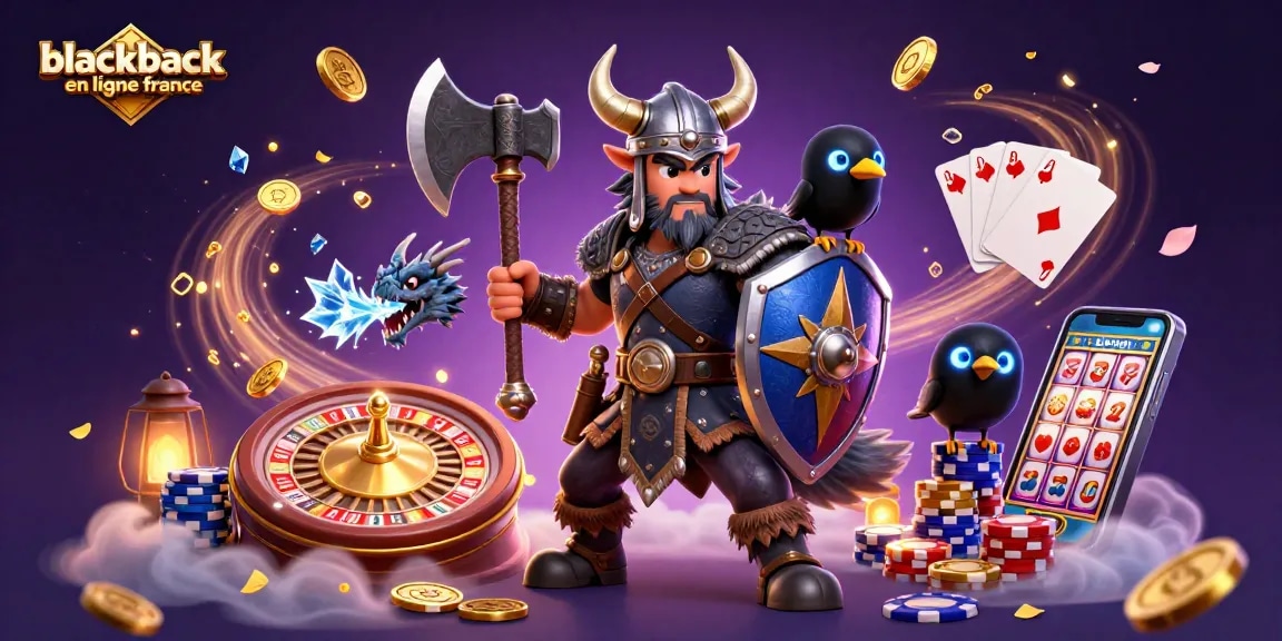 Vivez l'expérience du blackjack en ligne France avec cette scène pleine d'action, où un guerrier loup et un dragon rencontrent l'adrénaline du jeu.