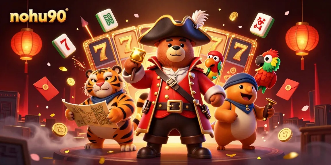 Nohu90 players spin slots with vibrant characters and festive elements, immersed in thrilling gameplay.
