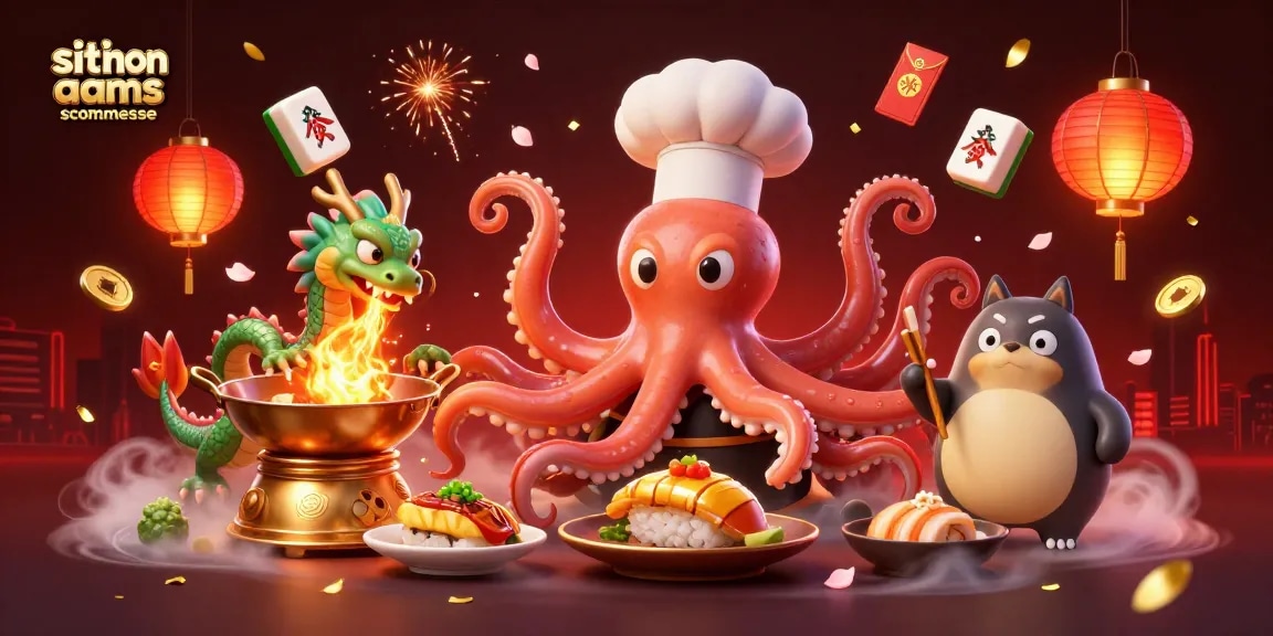 Gioca su siti non aams scommesse con l'assistenza di un polpo chef e un drago in un'illustrazione vivace.