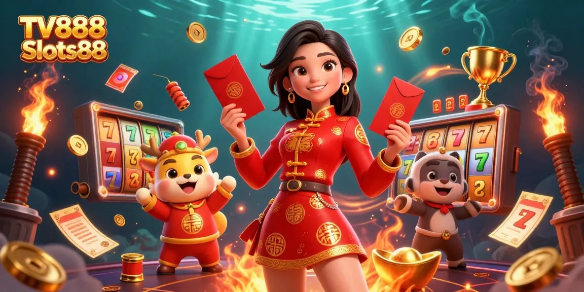 Spin and win at TV888 Slots88 with vibrant festive characters and dynamic slot elements.