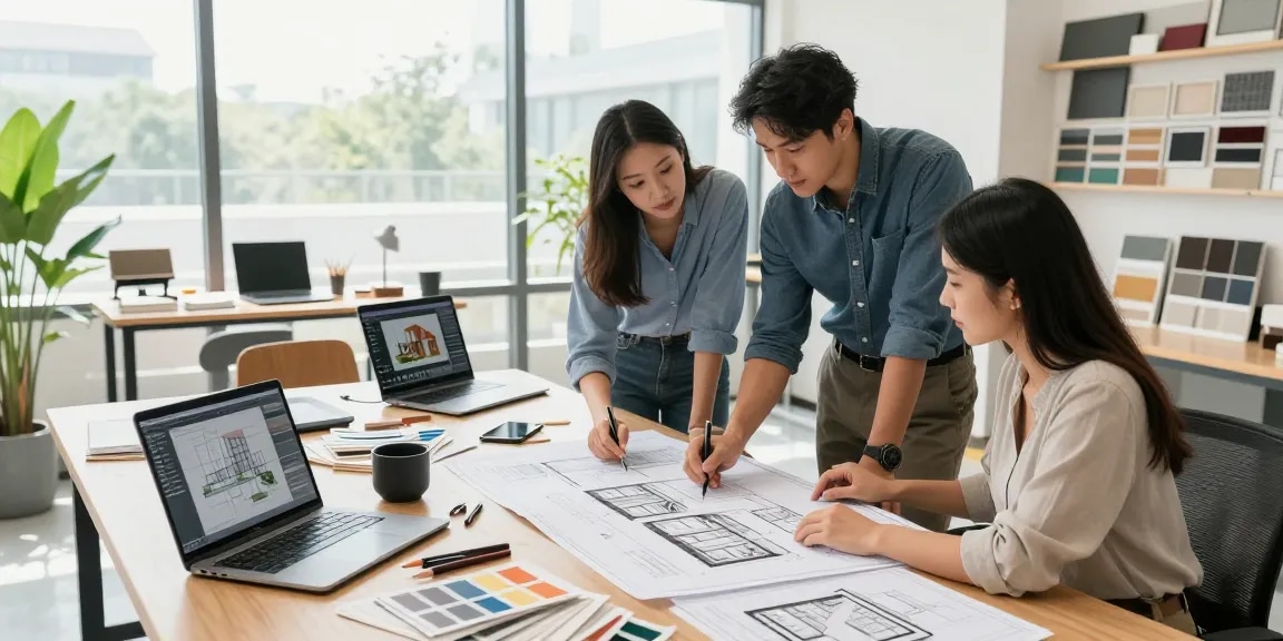 บริษัทออกแบบ architectural studio with designers collaborating on modern projects, showcasing creativity and innovation.