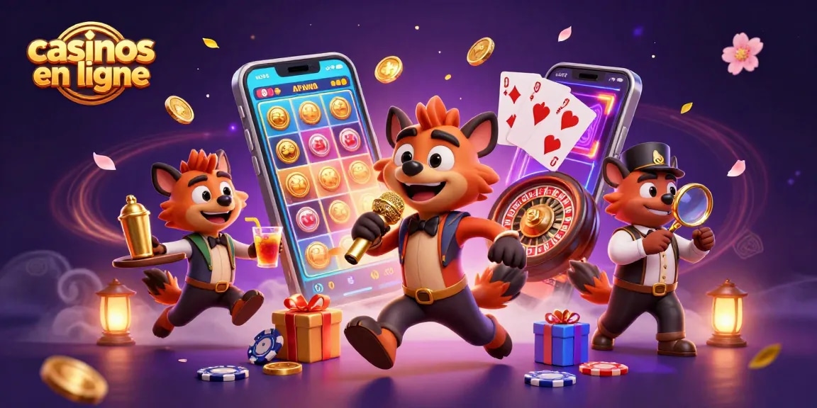 Vivez l'expérience des casinos en ligne avec cette illustration 3D, comprenant un videur vérifiant les identités et des jeux dynamiques.