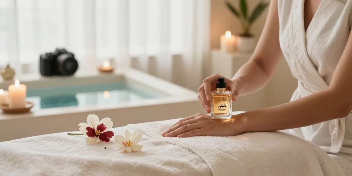 Woman applying مسك ملكي perfume in a serene spa setting with candles and flowers.