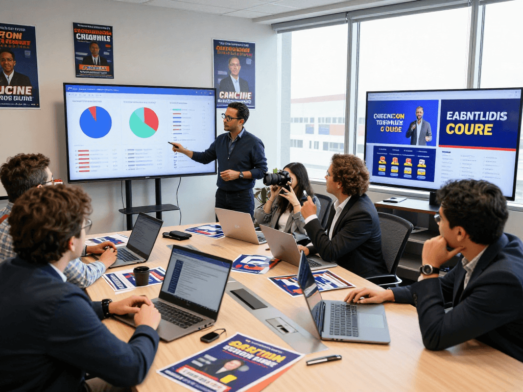 Consultant analyzing digital advertising for political campaigns data in a collaborative workspace.