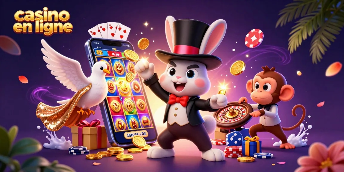 Découvrez la magie de gagner avec une illustration vibrante de casino en ligne mettant en avant des personnages et des jeux captivants.