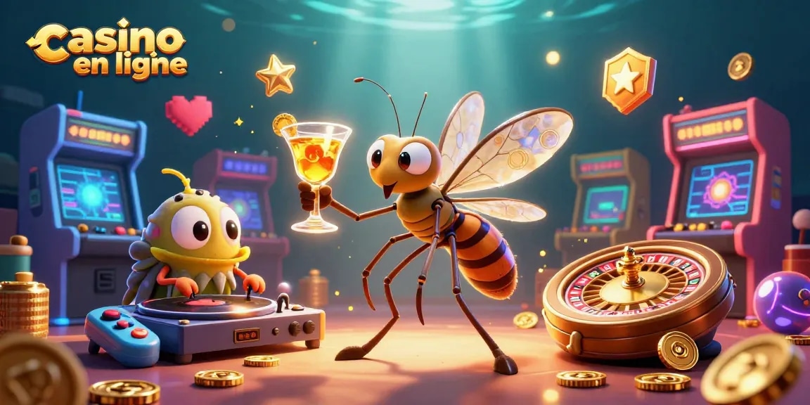 Plongez dans l'univers du casino en ligne avec cette illustration où un moustique crée une expérience de jeu unique.