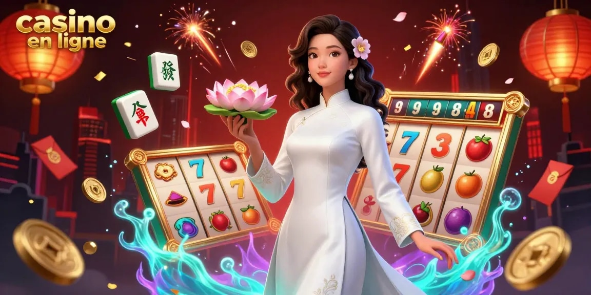 Experience thrilling moments at casino en ligne with vibrant 3D gameplay elements and lucky symbols surrounding an elegant character.