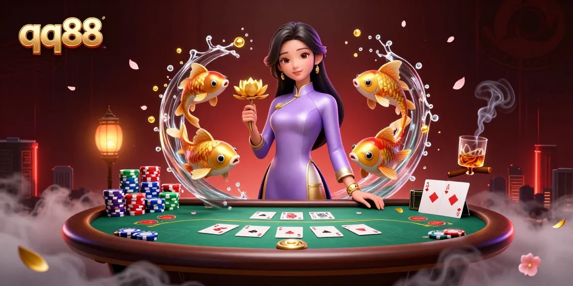 Experience exciting casino action with qq88 in a vibrant, 3D poker-themed illustration.