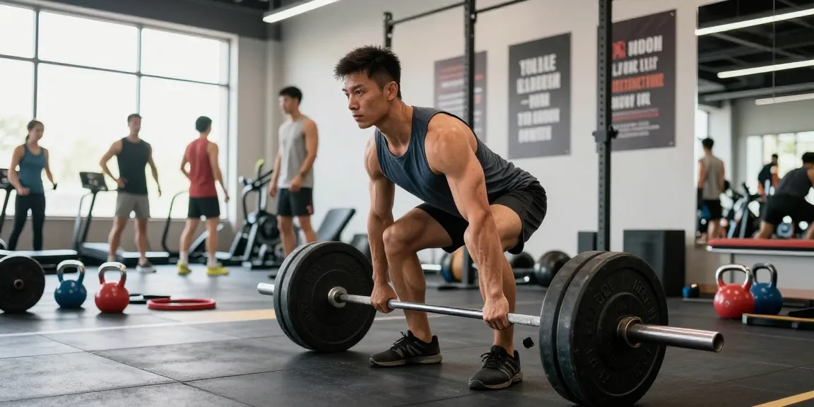 Beligas Shop dynamic fitness scene showcasing a male athlete performing a deadlift in a vibrant gym environment.