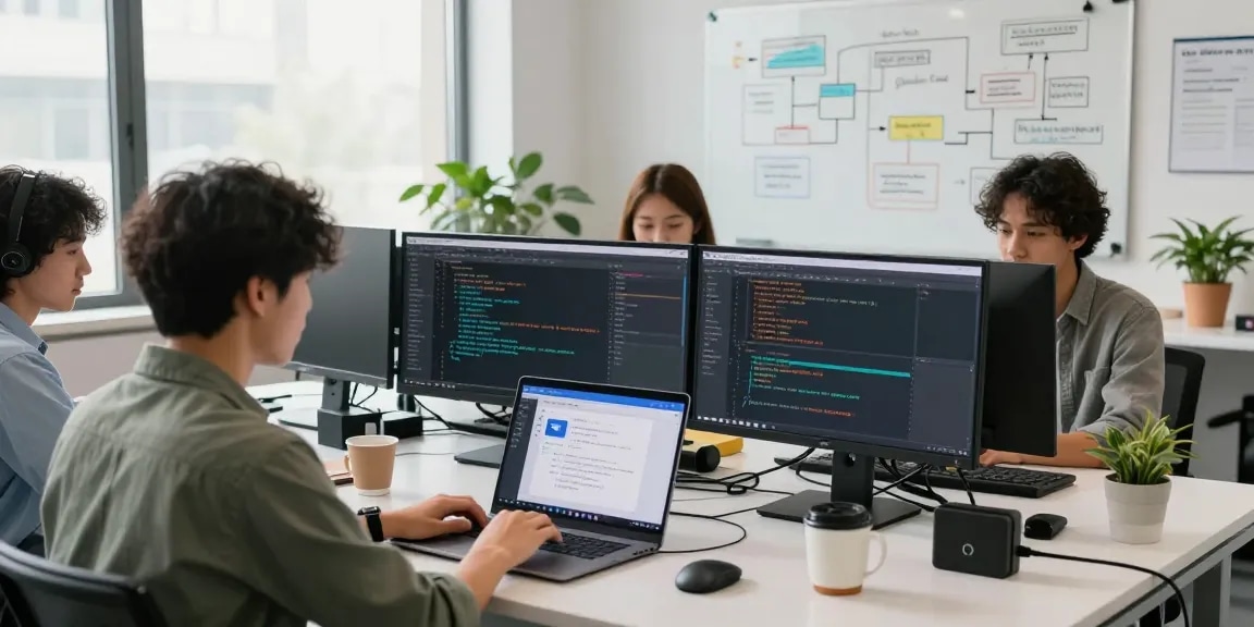 Developers discussing telegram language chinese translation in a bright office.