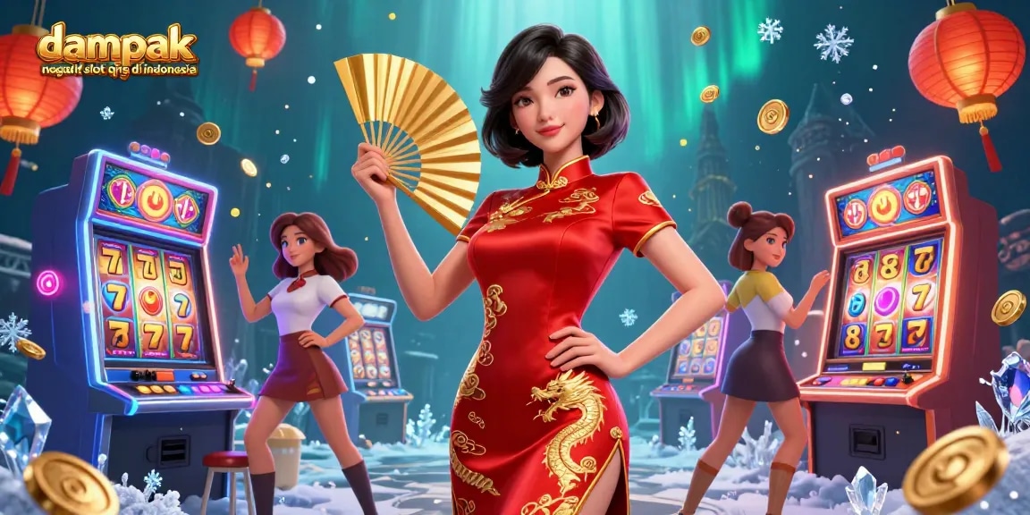 dampak negatif slot qris di indonesia highlighted in a vibrant casino scene with a confident Asian woman among slot machines.