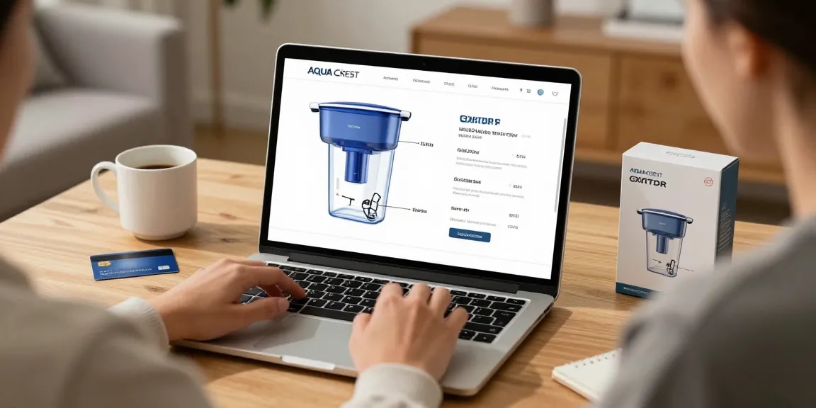 AQUA CREST GXRTDR Inline Water Filter showcased in an online shopping scenario for a product review on a digital marketplace.