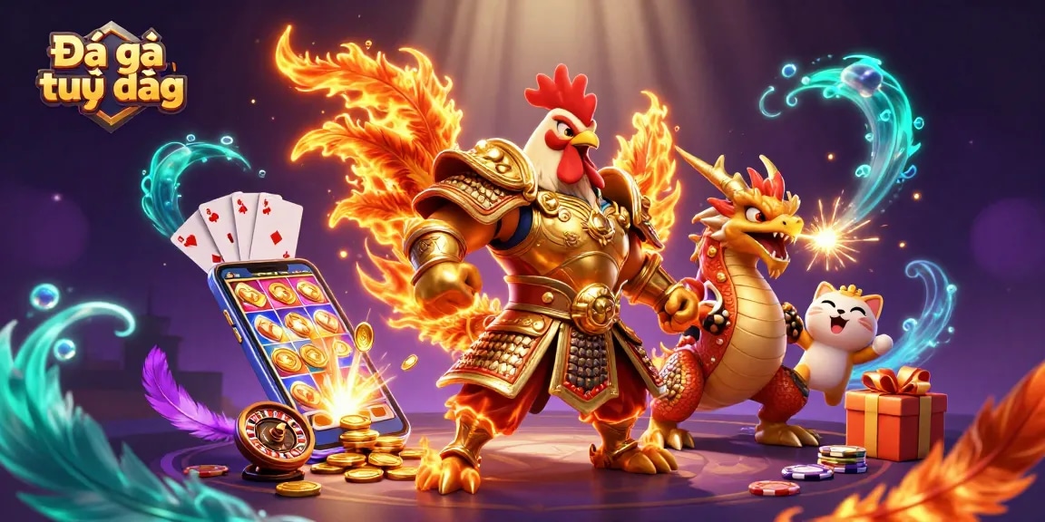 Experience Đá gà trực tiếp as the fierce rooster warrior battles alongside a dragon hatchling amidst a vibrant arena.