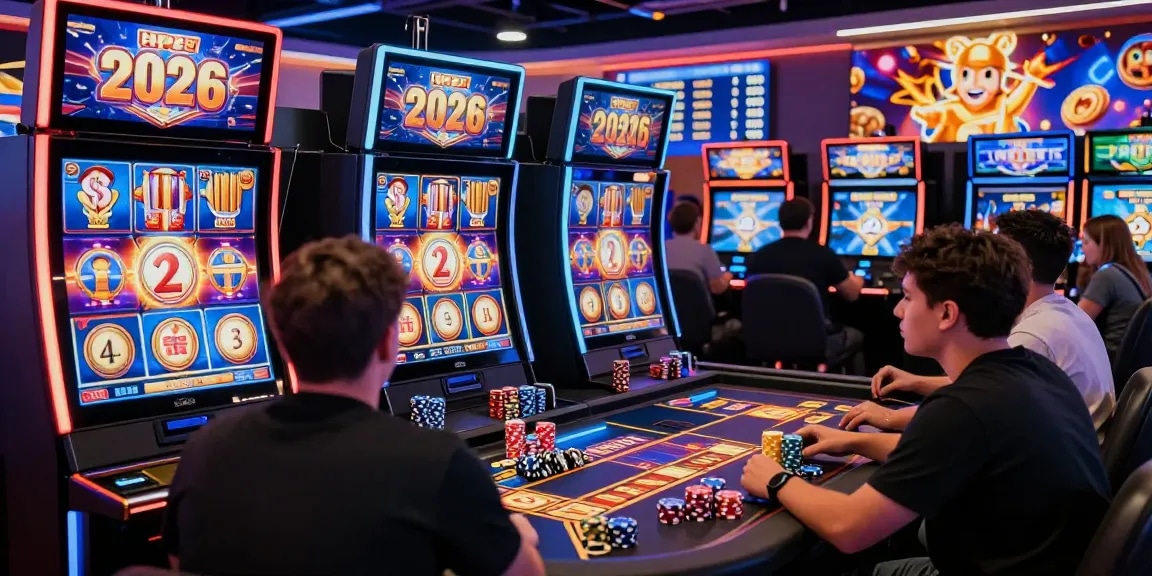 Players engaging with vibrant online slot games in a lively casino environment.