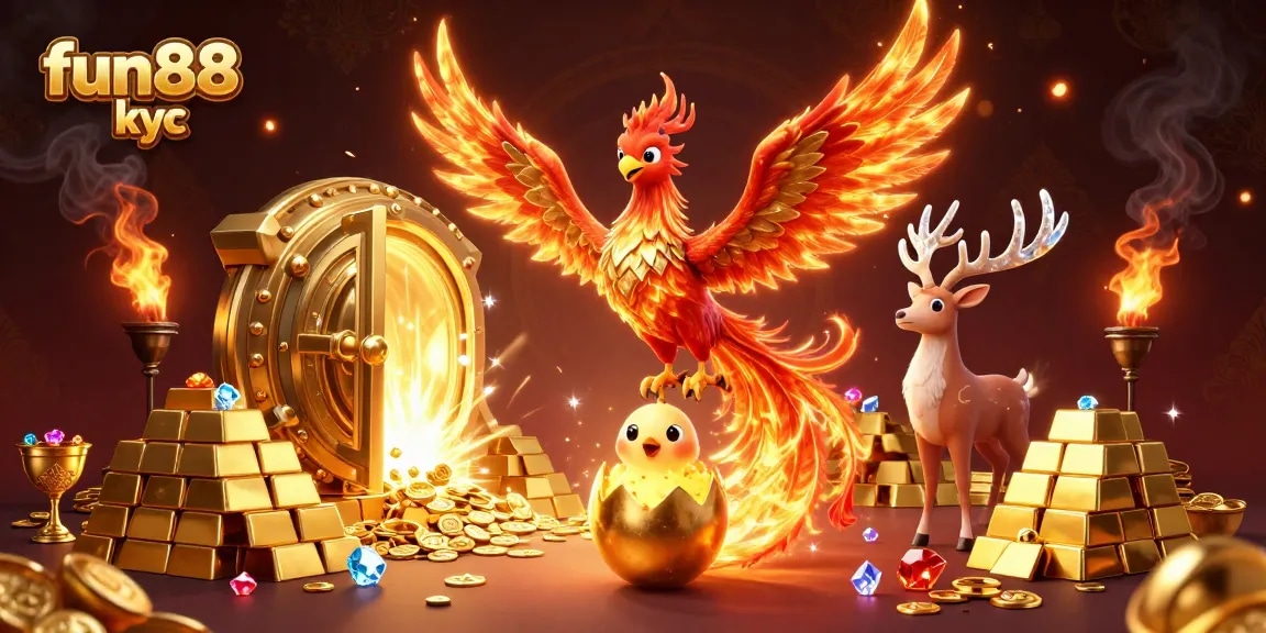 Chơi cá cược tại fun88 kyc với phượng hoàng và linh vật may mắn giữa vàng ngọc rực rỡ