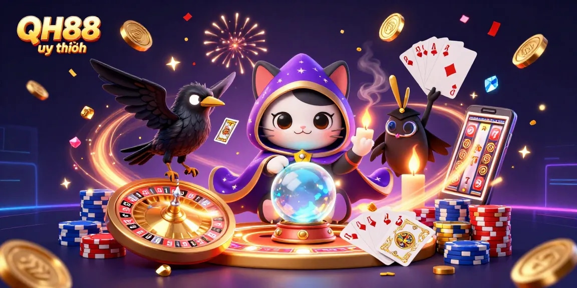 Experience the thrilling world of QH88 uy tín with a dynamic casino scene featuring a fortune teller cat and vibrant gaming elements.