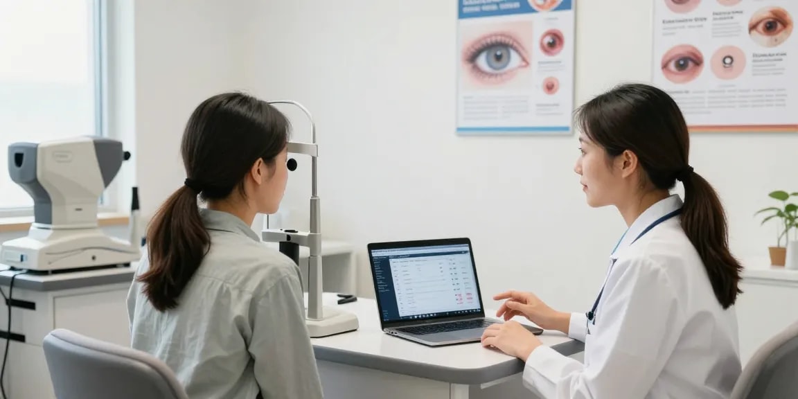 SNU Eye Clinic consultation scene with healthcare professional and patient discussing eye care options.