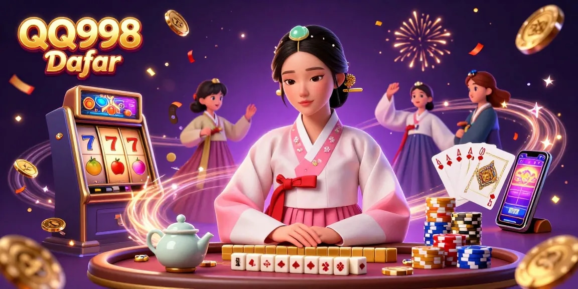 Join the fun at QQ998 Daftar with a vibrant 3D casino illustration showcasing exciting gaming elements.