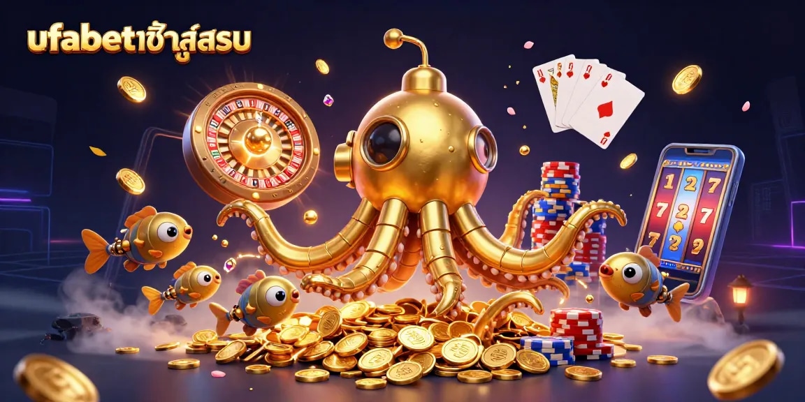 Experience thrilling ufabetเข้าสู่ระบบ action with a 3D illustration of a golden kraken submarine amidst casino elements.