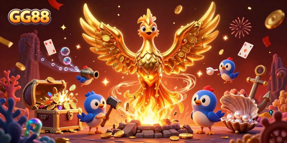 Win big at GG88 with dynamic 3D casino illustration of gold phoenix and treasure.