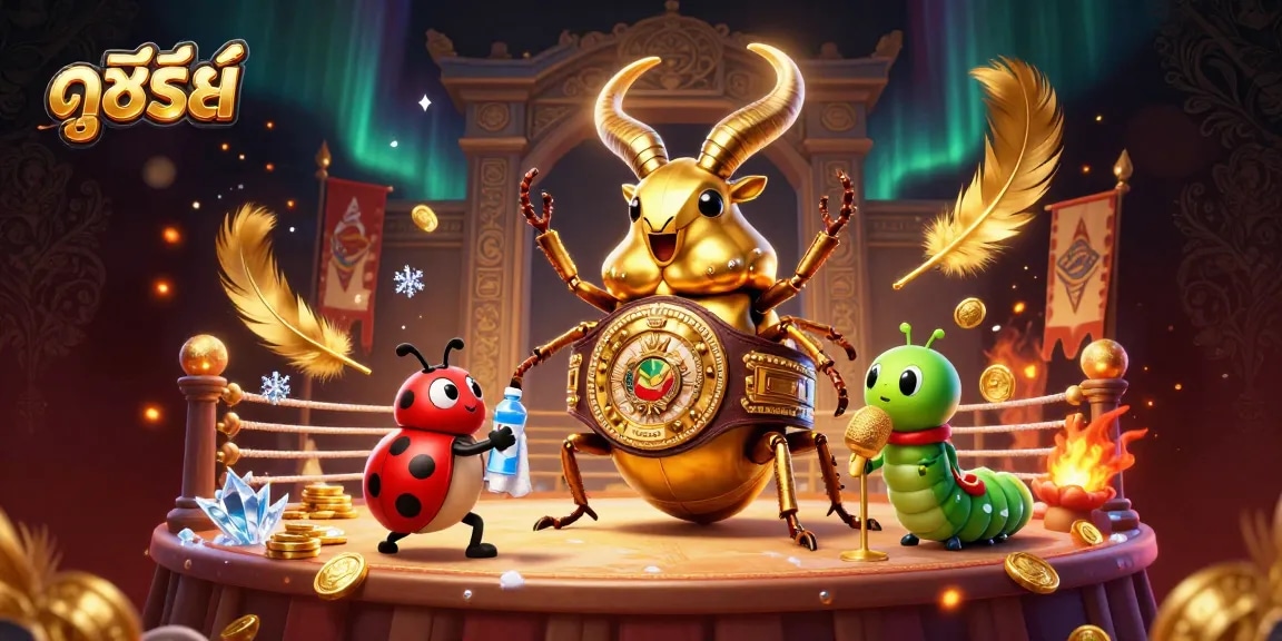 Engage in ดูซีรี่ย์ as a giant golden stag beetle champions in a vibrant gambling arena, showcasing excitement.